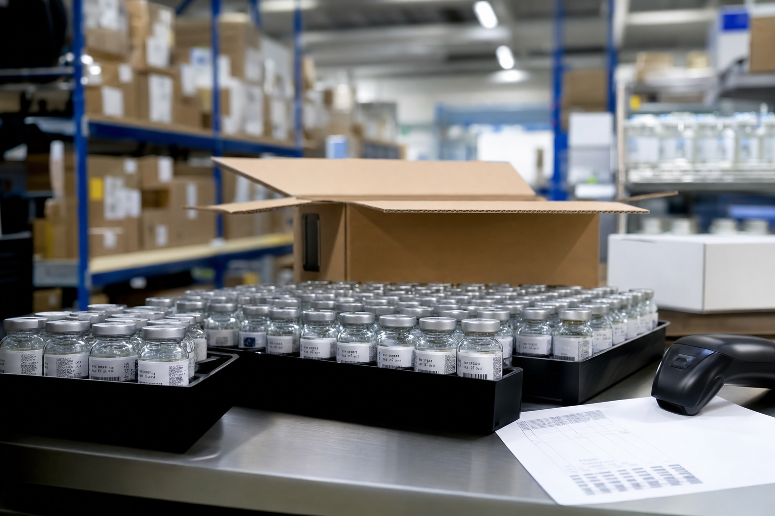 Research peptide vials prepared for shipping